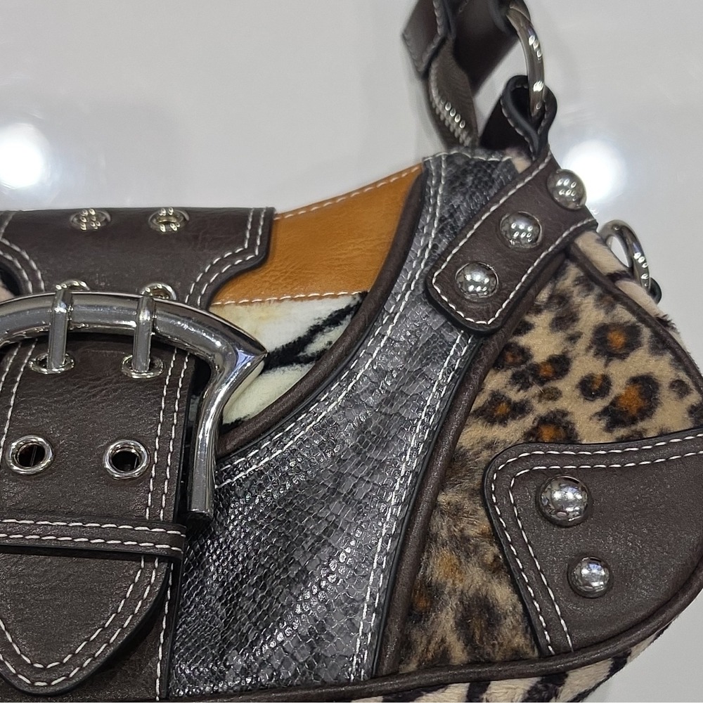 Dolls kill Womens Multicolor Animal Print Faux Leather Shoulder Bag Buckle Zip - Picture 3 of 12